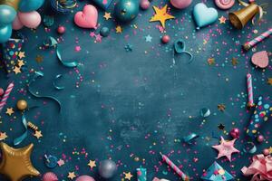 AI generated Colorful birthday background with multicolor party items photo