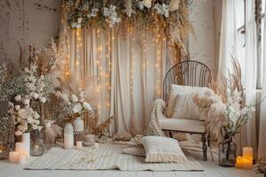 AI generated backdrop for beige boho photoshoot in yellow lights and white flowers photo
