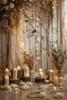 AI generated backdrop for beige boho photoshoot in yellow lights and white flowers photo