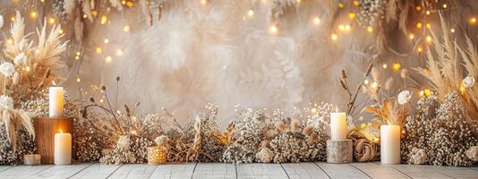 AI generated backdrop for beige boho photoshoot in yellow lights and white flowers photo