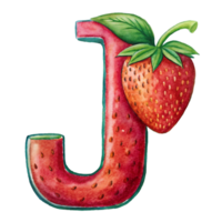 ai généré une stylisé lettre 'j' est représenté avec le texture et Couleur de une fraise, Achevée avec des graines png