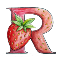 ai gegenereerd een gestileerde brief 'R' is afgebeeld met de structuur en kleur van een aardbei, compleet met zaden png