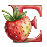 ai généré une stylisé lettre 'e' est représenté avec le texture et Couleur de une fraise, Achevée avec des graines png