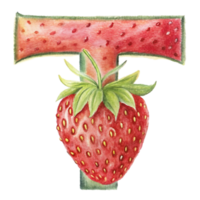 ai généré une stylisé lettre 't' est représenté avec le texture et Couleur de une fraise, Achevée avec des graines png