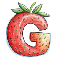 ai gegenereerd een gestileerde brief 'g' is afgebeeld met de structuur en kleur van een aardbei, compleet met zaden png