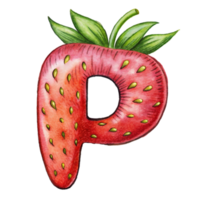 ai généré une stylisé lettre 'p' est représenté avec le texture et Couleur de une fraise, Achevée avec des graines png