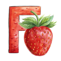 ai generado un estilizado letra 'F' es representado con el textura y color de un fresa, completar con semillas png