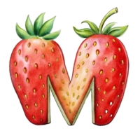 AI generated A stylized letter 'M' is depicted with the texture and color  of a strawberry, complete with seeds png