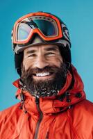 AI generated smiling man with a beard in ski equipment on a blue background photo