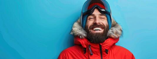 AI generated smiling man with a beard in ski equipment on a blue background photo