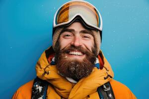 AI generated smiling man with a beard in ski equipment on a blue background photo