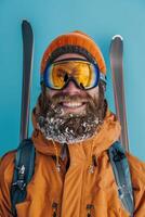 AI generated smiling man with a beard in ski equipment on a blue background photo