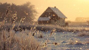 AI generated winter landscape at sunset with grass and house in background photo