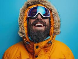 AI generated smiling man with a beard in ski equipment on a blue background photo