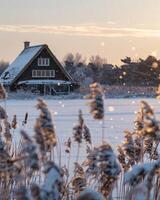 ai generado invierno paisaje a puesta de sol con césped y casa en antecedentes foto