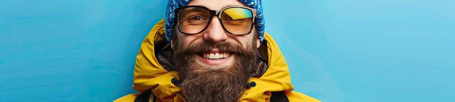 AI generated smiling man with a beard in ski equipment on a blue background photo