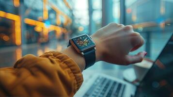AI generated A lady with an apple watch is using a laptop with an orange screen photo