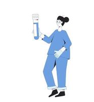 Young chemistry scientist. Female character standing with his flask isolated on a white background. Researcher with experiment results. Biotechnology. Vector illustration.