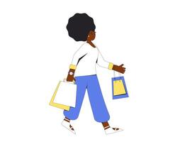 Young woman with shopping bags. Female person walking with her purchases. vector