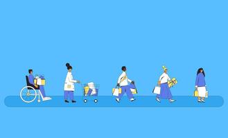 People with shopping bags. Women and men walking with their new goods. vector