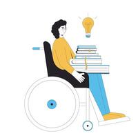 Inclusion education and learning. Knowledge. Scientific research.  Disabled wheelchair student with books. Exam preparation. Vector illustration.