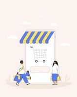 Online shopping. Two persons with huge smartphone and shopping bags. vector