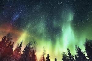 AI generated Beautiful aurora borealis seen at night between the trees of a forest photo