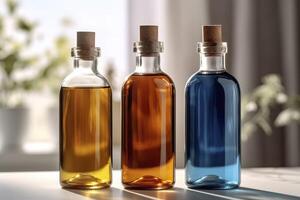 AI generated Transparent glass bottles with oriental essential oils. photo