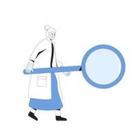 Mature researcher. Female scientist standing with  her magnifier isolated on a white background. Search for an innovative solution. Phd of biotech. Vector illustration.