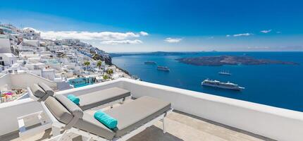 Luxury resort in Santorini. Loungers on caldera with pools and white architecture. Summer vacation and holiday banner. Greece traditional island and sea view. Luxurious travel background photo