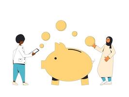Saving money concept. Characters with piggy bank. Female persons with their income. Vector line art illustration.