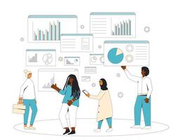 Data scientists. Business analyst concept. Characters with schemes and diagrams. Female and male financial researchers. Vector line art illustration.