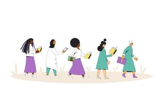 mujer caminando con libros. hembra literatura aficionados. diferente siglos y multiétnico libros amante. vector