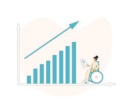 Investment concept. Young character in wheelchair with stock market growing chart. vector