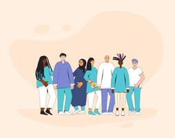 Group of diverse teenagers standing together. Young female and male friends wearing in casual clothes. Boys and girls hugging each other. Vector line illustration.
