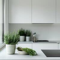 AI generated white minimal kitchen and bundles of green rosemary photo
