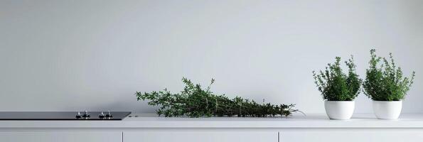 AI generated white minimal kitchen and bundles of green rosemary photo