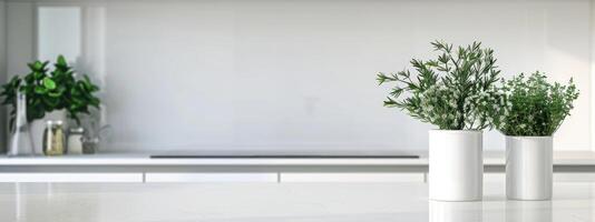 AI generated white minimal kitchen and bundles of green rosemary photo