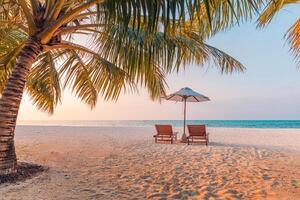 Amazing beach. Chairs on the sandy beach sea. Luxury summer holiday and vacation resort hotel for tourism. Inspirational tropical landscape. Tranquil scenery, relax beach, beautiful landscape design photo