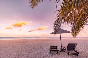 Amazing beach. Chairs on the sandy beach sea. Luxury summer holiday and vacation resort hotel for tourism. Inspirational tropical landscape. Tranquil scenery, relax beach, beautiful landscape design photo