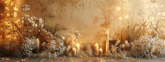 AI generated backdrop for beige boho photoshoot in yellow lights and white flowers photo