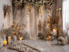 AI generated backdrop for beige boho photoshoot in yellow lights and white flowers photo