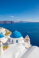 Europe summer destination. Traveling concept, sunset scenic famous landscape of Santorini island, Oia, Greece. Caldera view, colorful clouds, dream cityscape. Vacation panorama, amazing outdoor scene photo