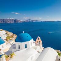 Europe summer destination. Traveling concept, sunset scenic famous landscape of Santorini island, Oia, Greece. Caldera view, colorful clouds, dream cityscape. Vacation panorama, amazing outdoor scene photo