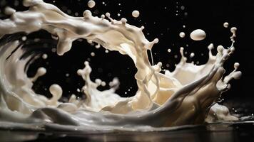 AI generated Milk splashes on a black background. close up view. photo