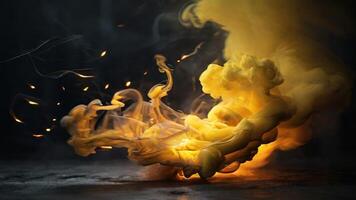 AI generated Yellow colored smoke on a black background photo