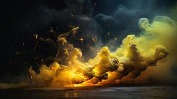 AI generated Yellow colored smoke on a black background photo