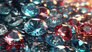 AI generated Stack of colorful Diamond with Bokeh Background photo