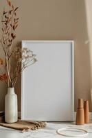 AI generated empty white canvas frame mockup with dried plants in vase on green wall photo