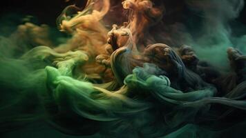 AI generated Dark green and orange colored smoke on a black background photo